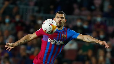 Barca's Sergio Aguero during the La Liga match between against Valencia at Camp Nou in October, 2021. AP