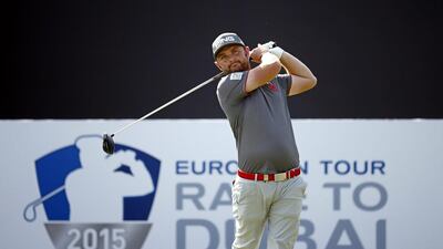 Andy Sullivan of England tees off during the third round of DP World Tour Championship at the Jumeirah Golf Estates. Ali Haider / EPA
