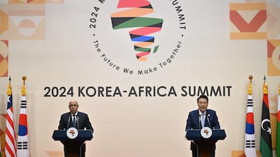 Mauritanian President Mohamed Ould Ghazouani, acting chairman of the African Union, and South Korean President Yoon Suk Yeol during the 2024 Korea-Africa Summit in Goyang. AFP