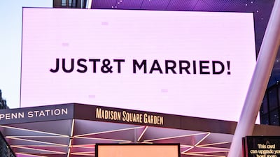 Madison Square Garden is lit in pink and displays a sign reading 'JUST&T MARRIED' during Taylor Swift and Travis Kelce’s wedding celebration in New York, New York, USA, 03 July 2026. EPA / LAURA BRETT