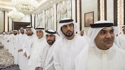 Sheikh Mohammed bin Zayed, Crown Prince of Abu Dhabi and Deputy Supreme Commander of the Armed Forces, greeted a member of the Emirates Association for Lawyers and Legal Consultants during an iftar reception held at Al Bateen Palace. Ryan Carter / Crown Prince Court - Abu Dhabi