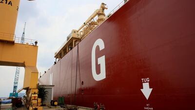 A South Korean-owned LNG tanker vessel docked at Sembawabg shipyard in Singapore. Spot LNG prices to Asia have dipped below $4 per million British thermal units this summer. Reuters.