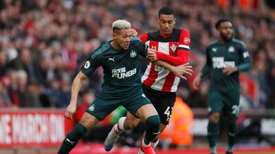 Joelinton in action with Southampton's Yan Valery during their Premier League victory St Mary's Stadium in March. Reuters