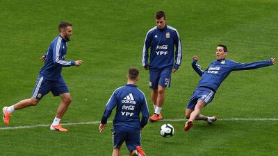 From left: German Pezzela, Giovani Lo Celso and Angel Di Maria take part in a training session in Sao Paulo. AFP