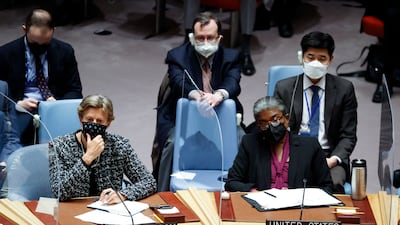 Britain's ambassador Barbara Woodward, left, and US envoy Linda Thomas-Greenfield at the emergency meeting of the UN Security Council on the situation between Ukraine and Russia, in New York. EPA