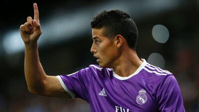 Real Madrid’s James Rodriguez gestures during the Primera Liga win over Espanyol on Sunday. Pau Barrena / AFP