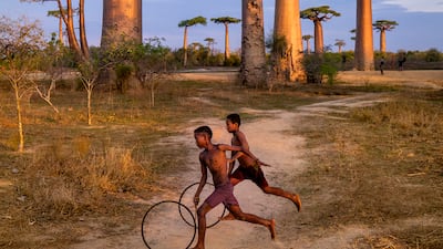 'Boys Running With hoops Along Baobab Avenue, Morondava, Madagascar, 2019'.