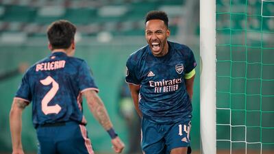 Arsenal's Pierre-Emerick Aubameyang celebrates after scoring the winning goal at Rapid Vienna in their Europa League Group B match on Thursday, October 22. Getty