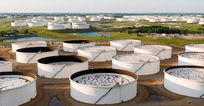 An aerial view of a crude oil storage facility is seen in Cushing, Oklahoma. AFP