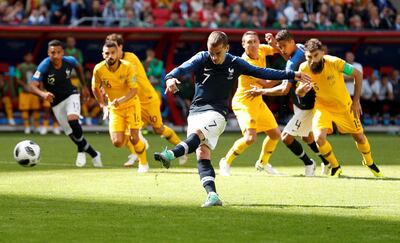 France's Antoine Griezmann converts from the penalty spot against Australia. John Sibley / Reuters