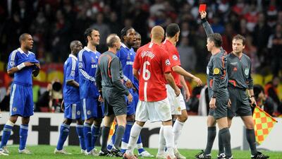 Chelsea's Didier Drogba is given a red card.