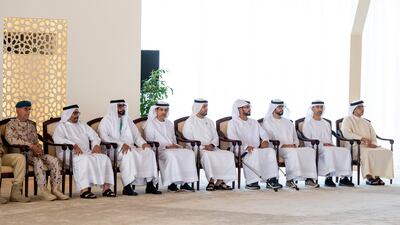 Sheikh Mansour bin Zayed, Deputy Prime Minister and Minister of the Presidential Court, Sheikh Hamdan bin Mohamed bin Zayed, Sheikh Sultan bin Hamdan, UAE's Ambassador to Bahrain, Sheikh Zayed bin Hamdan, Sheikh Mohamed bin Hamad, Private Affairs Adviser in the Presidential Court, Ali Al Shamsi, Deputy Secretary-General of the UAE Supreme National Security Council, Mohammed Al Bawardi, Minister of State for Defence Affairs, Khalifa Al Marar, Minister of State and Maj Gen Essa Al Mazrouei, Deputy Chief of Staff of the UAE Armed Forces, attend a meeting prior to the drill.