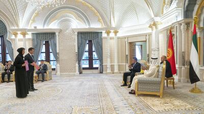 Sheikh Mohamed and President Jeenbekov witness an MOU exchange ceremony involving Noura Al Kaabi and Azamat Zhamankulov, Minister of Culture, Information and Tourism of Kyrgyzstan. Rashed Al Mansoori / Ministry of Presidential Affairs