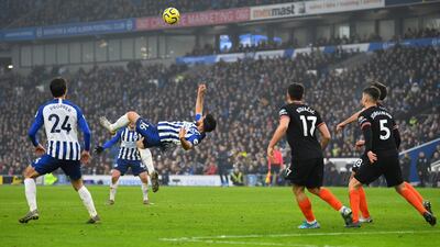 Brighton & Hove Albion's Alireza Jahanbakhsh scores at the American Express Community Stadium. Reuters