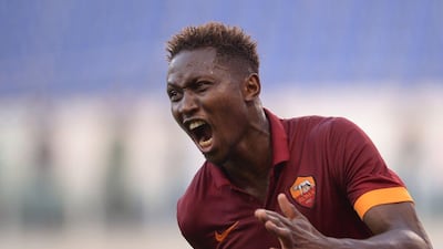 AS Roma's Mapou Yanga-Mbiwa celebrates after scoring the winner against Lazio in Serie A on Monday. Filippo Monteforte / AFP / May 25, 2015