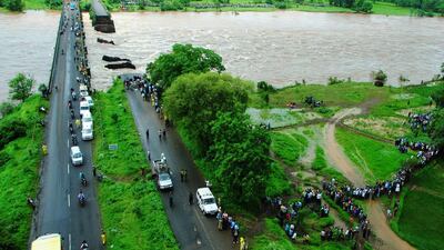 This photo shows the collapsed part of a bridge on the Mumbai-Goa motorway on August 3, 2016. Indian Defence via AP