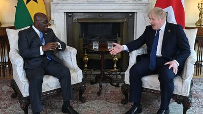 Britain's Prime Minister Boris Johnson meets Ghana's President Nana Akufo-Addo at No 10 Downing Street in London. AFP