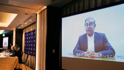 Former Nissan chairman Carlos Ghosn speaks in a video during a press conference held by his lawyers in Tokyo on April 9. Photo: AP