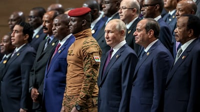 Russian President Vladimir Putin, African leaders and heads of delegations at the second Russia-Africa summit in Saint Petersburg on Friday. AFP