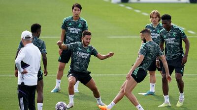 Real Madrid manager Carlo Ancelotti oversees Eden Hazard, Karim Benzema, Luka Modric and Aurelien Tchouameni during training. PA
