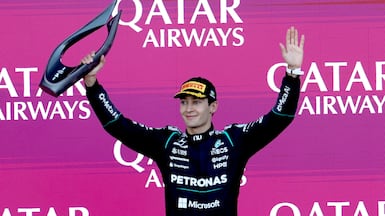 Mercedes driver George Russell of Great Britain celebrates on the podium after winning the Formula One Azerbaijan Grand Prix at the Baku City Circuit in Baku, Azerbaijan, 26 September 2026. EPA / ALI HAIDER