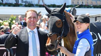 Charlie Appleby with Oceanographer after his last-to-first victory in the Lexus Stakes at Flemington on Saturday. Vince Caligiuri / Getty Images
