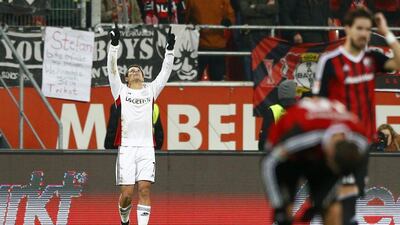 Leverkusen’s Javier Hernandez celebrates his goal on Saturday against Ingolstadt in the Bundesliga. Matthias Schrader / AP / December 19, 2015