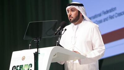Dr Mohammed Al Falahi, secretary general of the Emirates Red Crescent organisation, addresses the Crisis and Emergency Management Conference on Saadiyat Island. His speech focused on continuing and future efforts of the Red Crescent, and of its readiness to handle possible disasters in the region. Lee Hoagland / The National