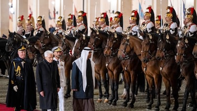 President Sheikh Mohamed and President Mattarella inspect Italian armed forces. Photo: Abdulla Al Neyadi / UAE Presidential Court