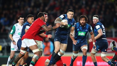 Sonny Bill Williams of Blues charges forward against British & Irish Lions. Hannah Peters / Getty Images