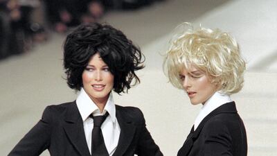 With Claudia Schiffer, Stella Tennant wears Chanel for the 1997 spring/summer collection, October 1996 in Paris. AFP