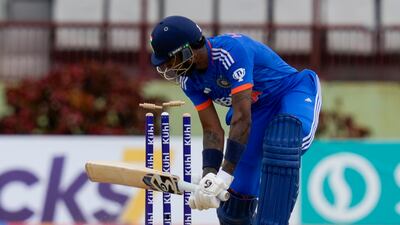 India captain Hardik Pandya is bowled by West Indies' Alzarri Joseph during their second T20 in Guyana. AP