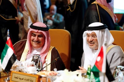 UAE Minister of State Anwar Gargash and Bahrain's Foreign Minister Khalid bin Ahmed Al Khalifa attend the Arab Foreign meeting in Riyadh. Reuters