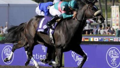 Jockey Mike Smith, aboard Zenyatta, crosses the finish line to win the Ladies' Classic.