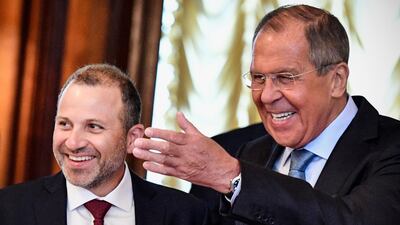 Russian Foreign Minister Sergey Lavrov, right, with his Lebanese counterpart Gebran Bassil during a meeting in Moscow in August 2018. AFP