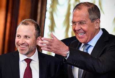 Russian Foreign Minister Sergey Lavrov, right, with his Lebanese counterpart Gebran Bassil during a meeting in Moscow in August 2018. AFP