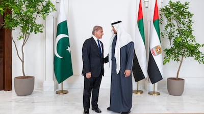 President Sheikh Mohamed with Shehbaz Sharif, Prime Minister of Pakistan, before a meeting at Al Shati Palace. All photos: Presidential Court