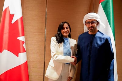 Sheikh Abdullah bin Zayed, Deputy Prime Minister and Minister of Foreign Affairs, receives Canadian Foreign Minister Anita Anand. Photo: Wam