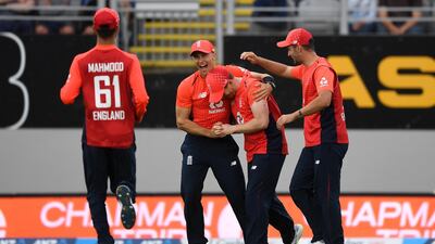 Eoin Morgan celebrates after catching out Tim Seifert during the fifth game of the T20 series between England and New Zealand. Getty Images