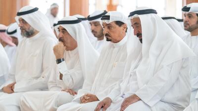 Sheikh Dr Sultan bin Muhammad Al Qasimi, Ruler of Sharjah; Sheikh Humaid bin Rashid, Ruler of Ajman; Sheikh Saud bin Rashid, Ruler of Umm Al Quwain, and Sheikh Sultan bin Muhammad bin Sultan, Crown Prince of Sharjah, attend funeral prayers at King Faisal Mosque. Wam