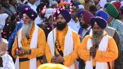 Sikhs celebrate the birthday of Guru Nanak, the founder of Sikhism in Nankana Sahib, Punjab province. The men, also known as ‘Panj pyaray’, or the beloved five, lead the processions at Janam Asthaan, a 'gurdwara' or place of worship for Sikhs. Mobeen Ansari