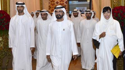 Sheikh Mohammed bin Rashid, Vice President and Ruler of Dubai, with editors-in-chief and media representatives. With him are Mona Ghanim Al Marri, Director General of Dubai Government Media Office, right, and Mohammad Ibrahim Al Mahmood, Chairman and Managing Director of Abu Dhabi Media, left. Wam