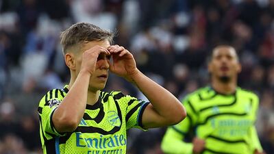 Arsenal's Leandro Trossard celebrates scoring their fourth goal. Reuters