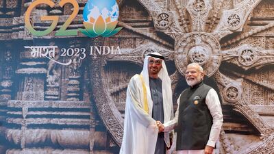 Sheikh Mohamed is greeted by India's Prime Minister Narendra Modi. UAE Presidential Court