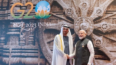 President Sheikh Mohamed and Indian Prime Minister Narendra Modi at the G20 Summit in New Delhi. The event provided the leaders with an opportunity to reassess and strengthen trade relations. Photo: UAE Presidential Court