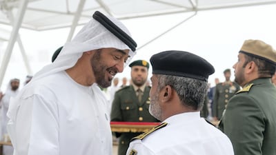 Sheikh Mohammed bin Zayed awards a member of the UAE Armed Forces with a Medal of Bravery for his service in Yemen. Rashed Al Mansoori / Crown Prince Court - Abu Dhabi.