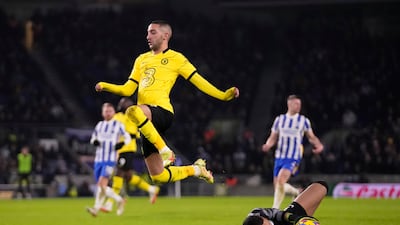 Brighton's goalkeeper Robert Sanchez, right, makes a save in front of Chelsea's Hakim Ziyech. AP Photo
