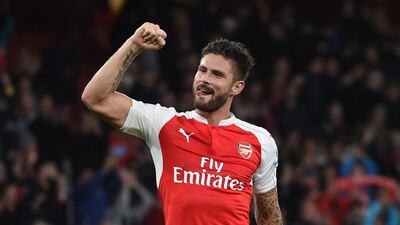 Arsenal's Olivier Giroud celebrates after the final whistle of their Premier League win over Everton on Saturday. Will Oliver / EPA / October 24, 2015