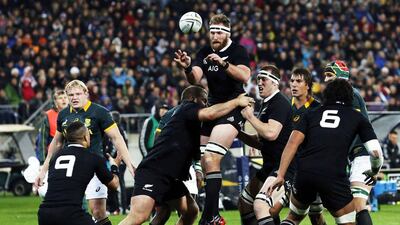 Kieran Read, centre, and the New Zealand's All Blacks fought a physical match against South Africa's Springboks at Westpac Stadium in Wellington. Anthony Phelps / Reuters