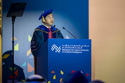 Eric Xing addresses students at the Mohamed bin Zayed University of Artificial Intelligence commencement ceremony in May. Photo: Abu Dhabi Media Office